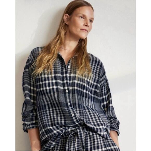 Everlane The Way-Long Linen Shirt Blue Plaid size Large Preppy - Picture 2 of 8
